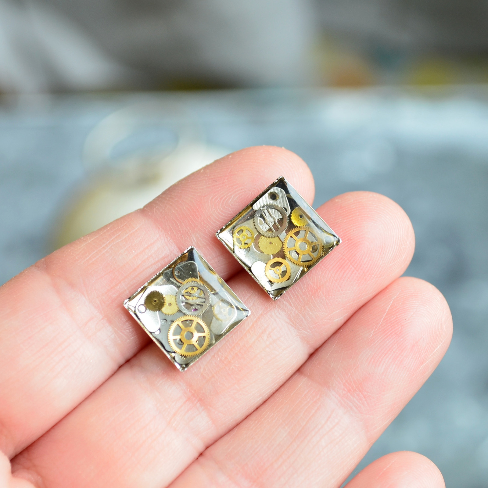 Nerezové náušnice z hodinek - pecky čtverečky 12 x 12mm